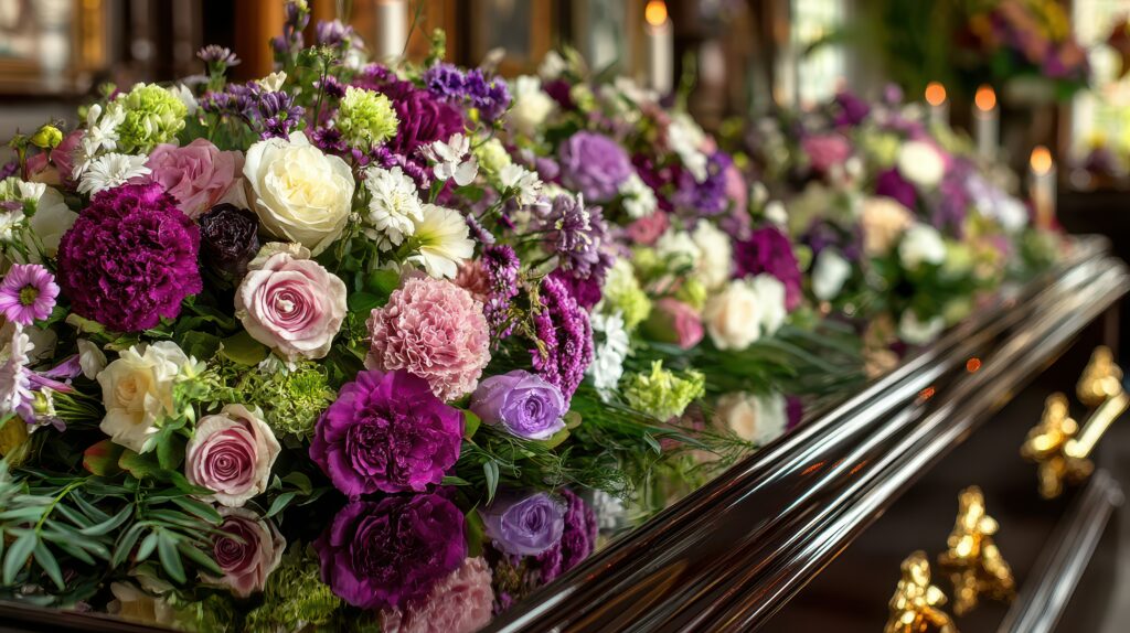 Blumengestecke auf Sarg